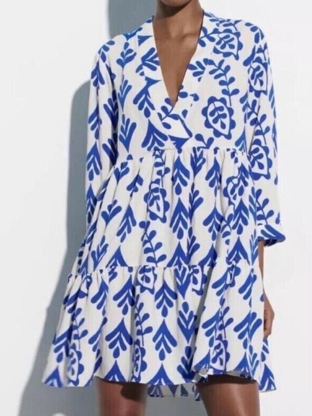 Blue and White Floral V-Neck Tiered Women's Dress
